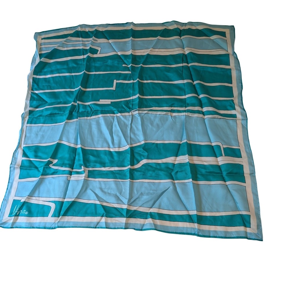 Vera Scarf WomensTeal Blue White Geometric Stripe Silk Blend Square Vintage